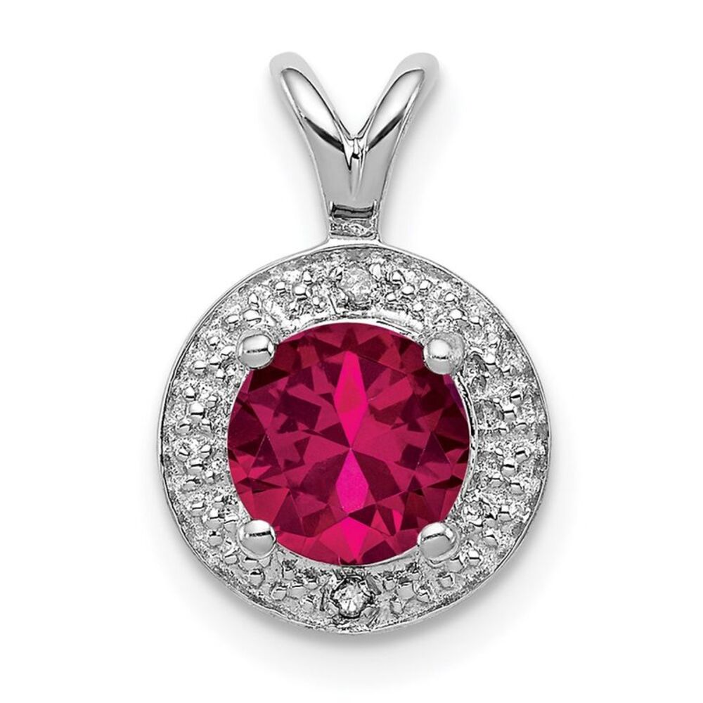 Rhodium Plated Sterling Silver, Diamond, Lab Cr Ruby Pendant 10mm